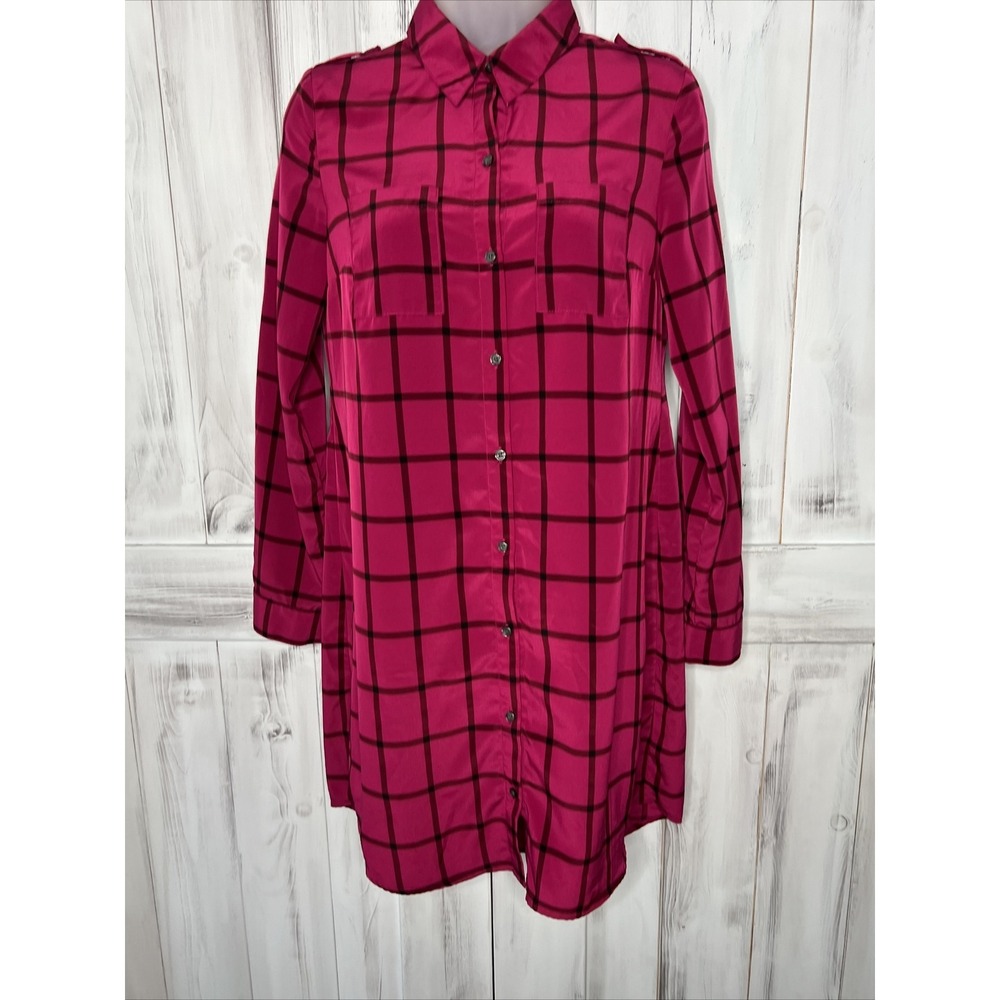 WOMENS OLD NAVY PINK BLACK WINDOWPANE PLAID BUTTON UP COLLARED SHIRT DRESS XS